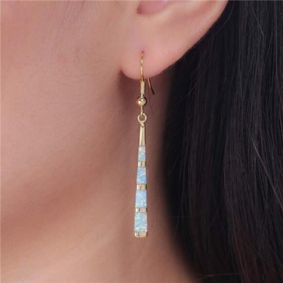 Dangle Earring-Opal Drop Earrings Silver Plated or Gold Plated Dangle - Picture 4 of 7